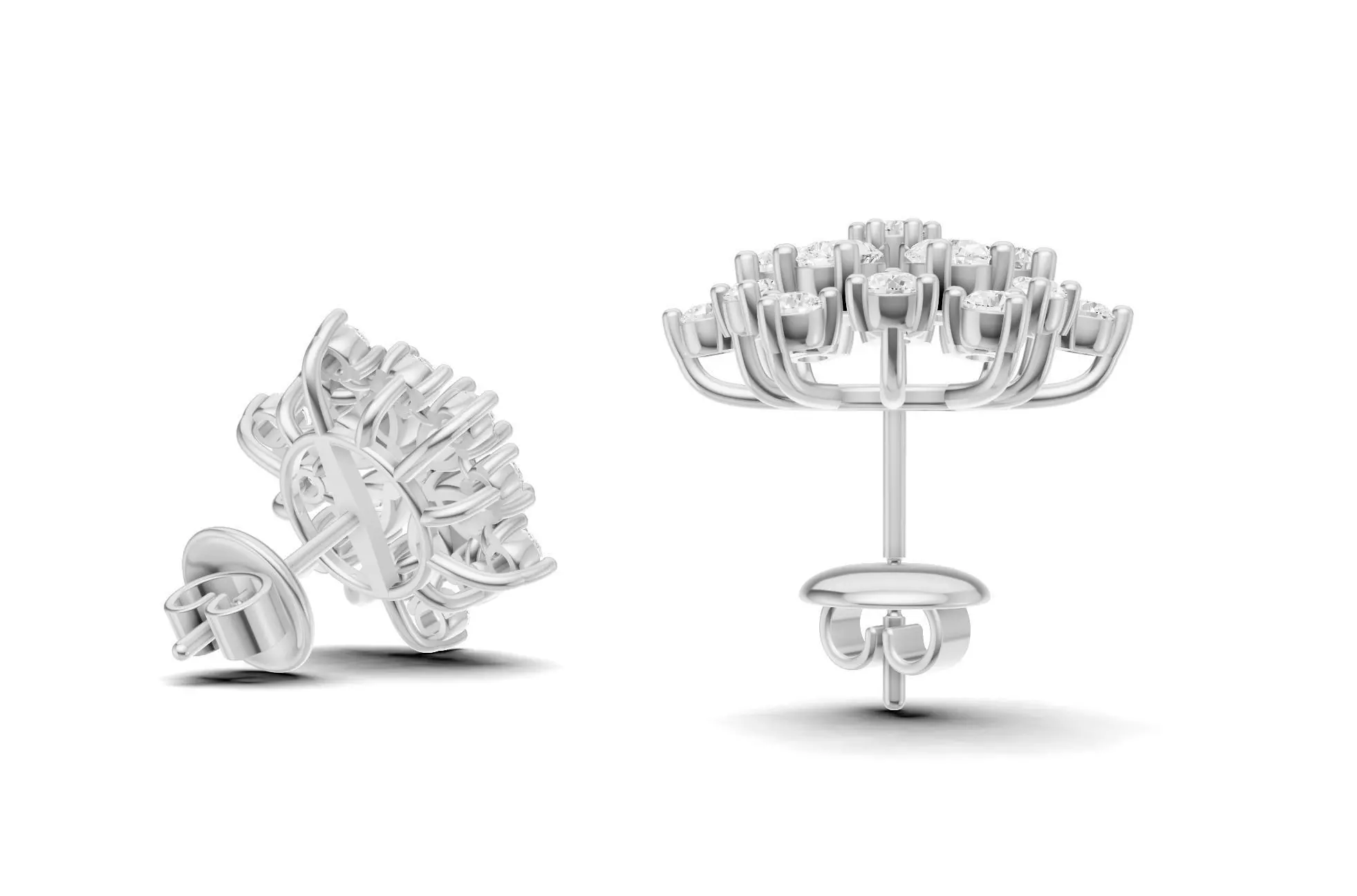 Floral Diamond Stud Earrings with Pear Round Cluster 3D print model_7