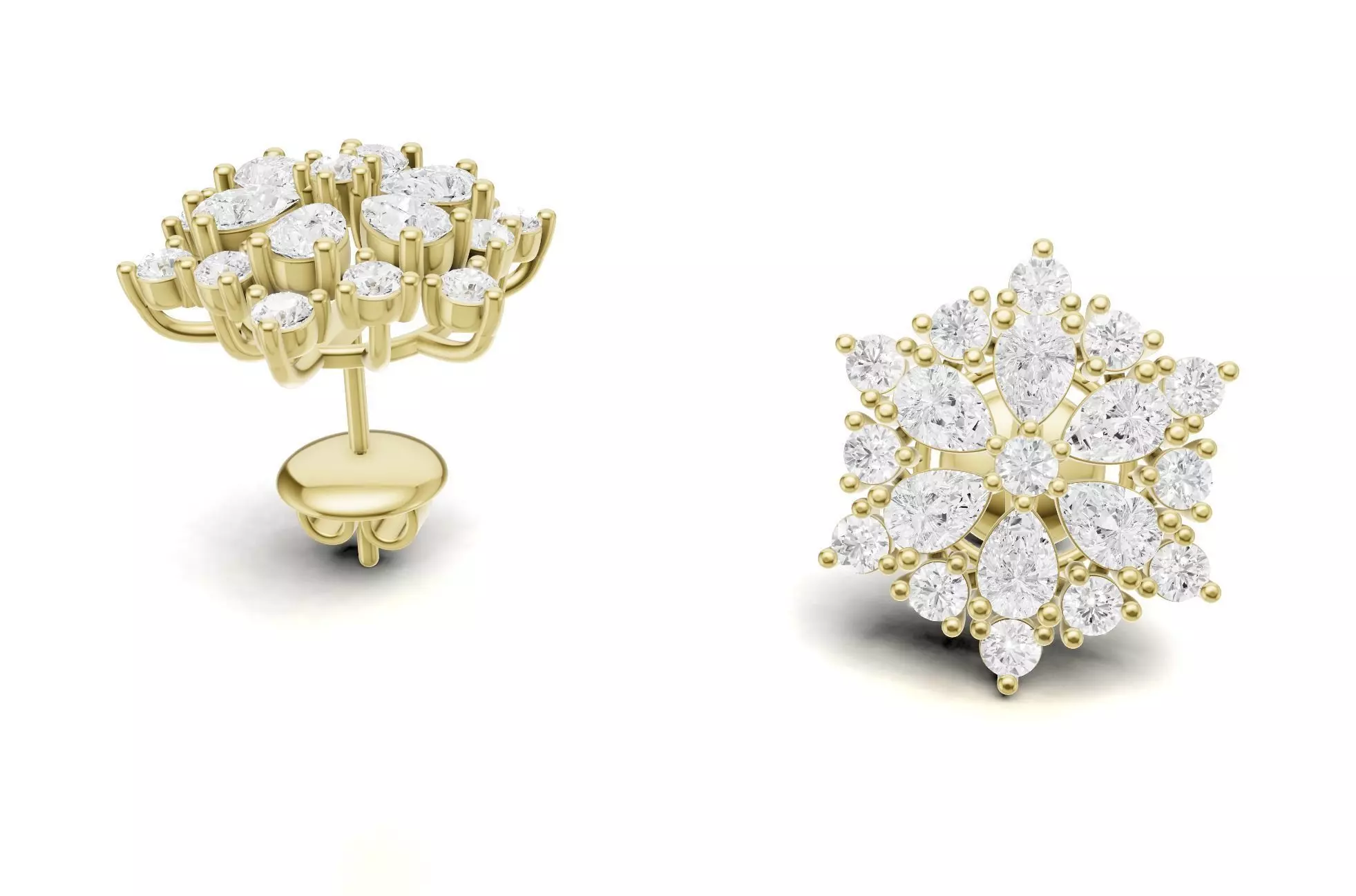 Floral Diamond Stud Earrings with Pear Round Cluster 3D print model_1