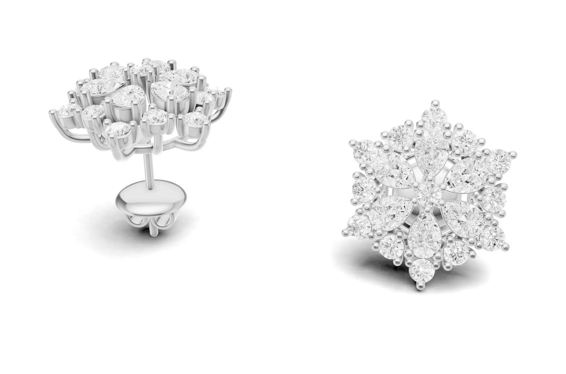 Floral Diamond Stud Earrings with Pear Round Cluster 3D print model_2