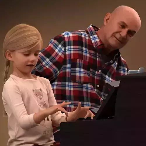 Pre posed grandfather and grandchild 3D model playing piano 3D model