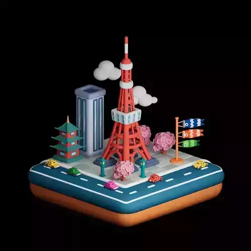 Isometric Tokyo Tower Cartoon City