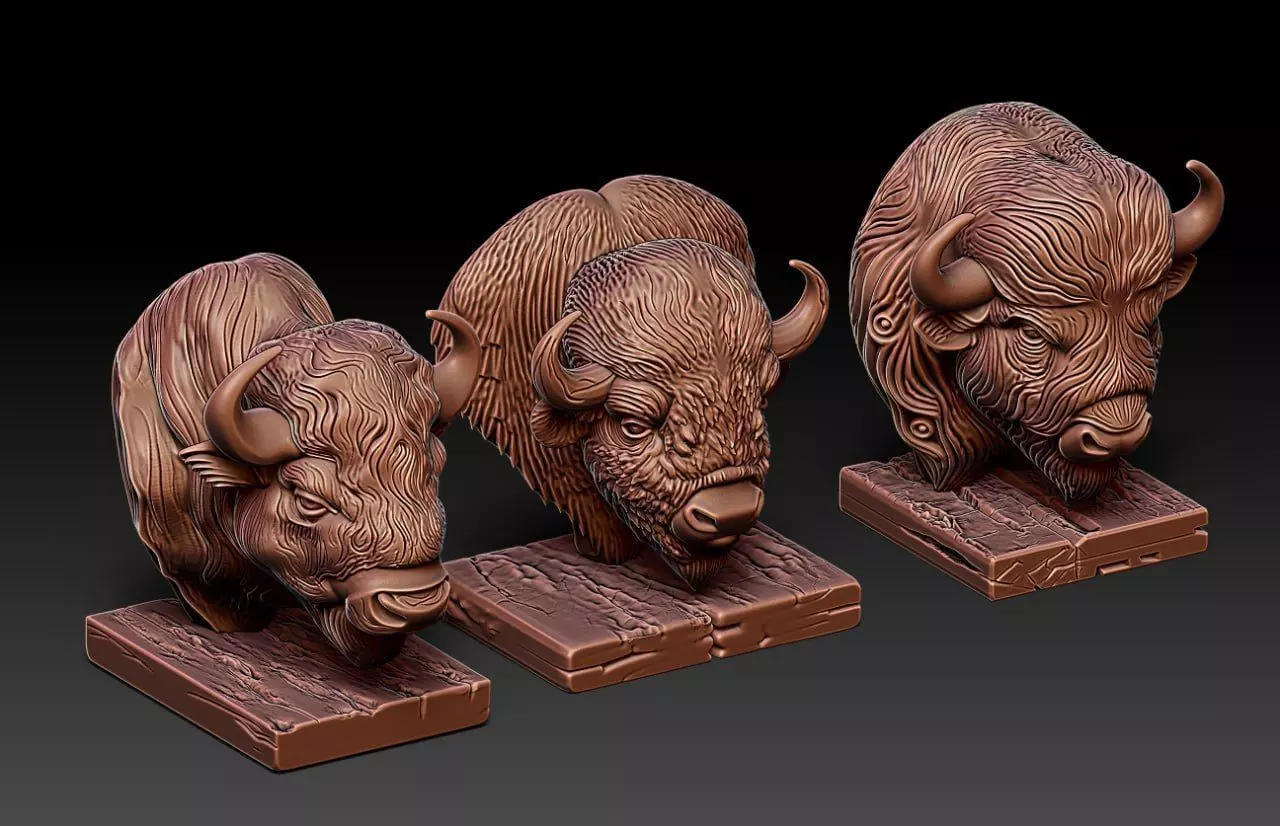 Wood carving buffalo statue M81 3D print model_2