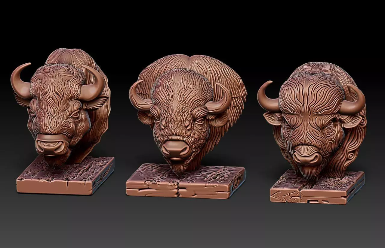 Wood carving buffalo statue M81 3D print model_0