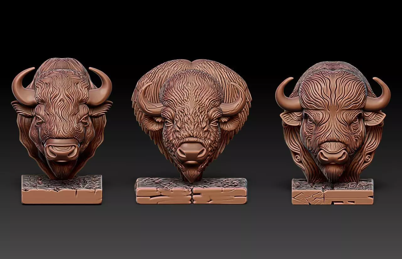 Wood carving buffalo statue M81 3D print model_1