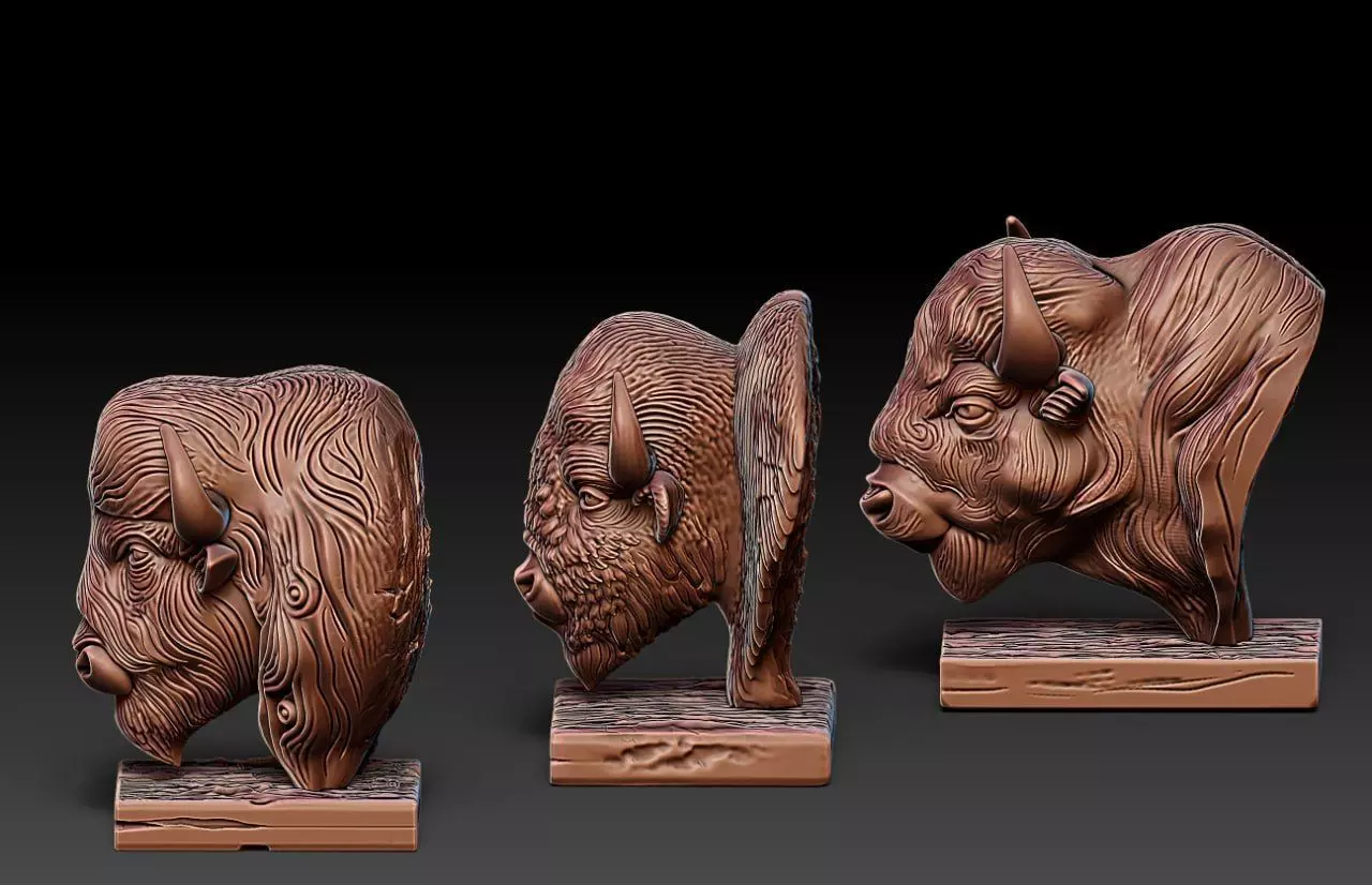 Wood carving buffalo statue M81 3D print model_5