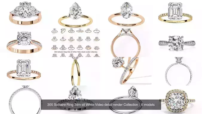 300 Solitaire Ring 3dm stl White Video detail render Collection 