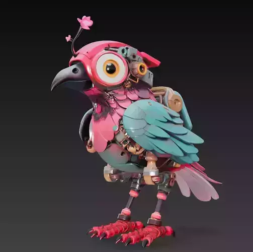Cherry Blossom Mech Bird - Cute Robotic Creature 3D Model