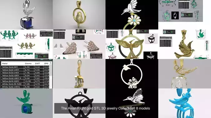 The Avian Flight gold STL 3D jewelry Collection