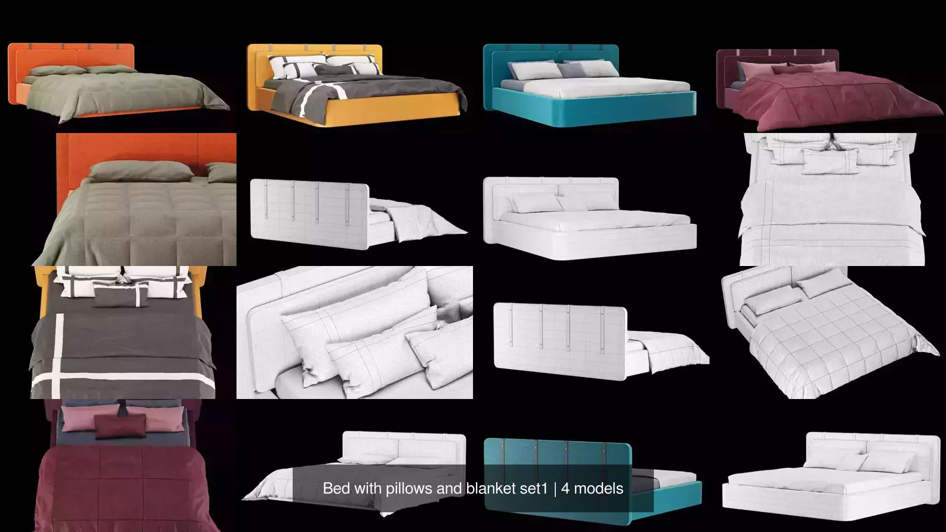 Bed with pillows and blanket set1 3D Model Collection_1