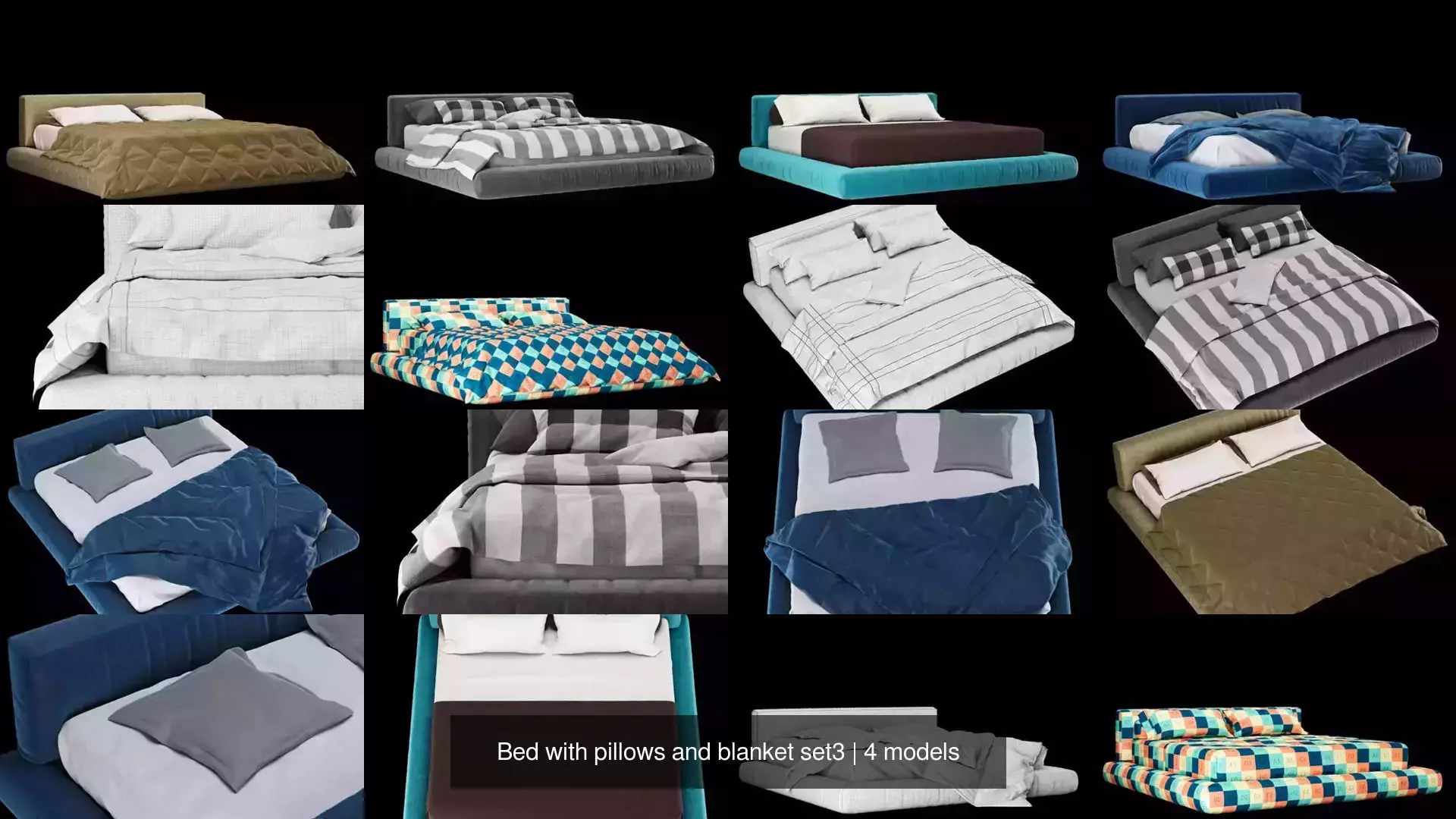 Bed with pillows and blanket set3 3D Model Collection_1