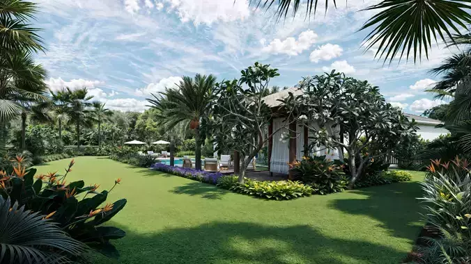Tropical Backyard Exterior Scene 3D model 2