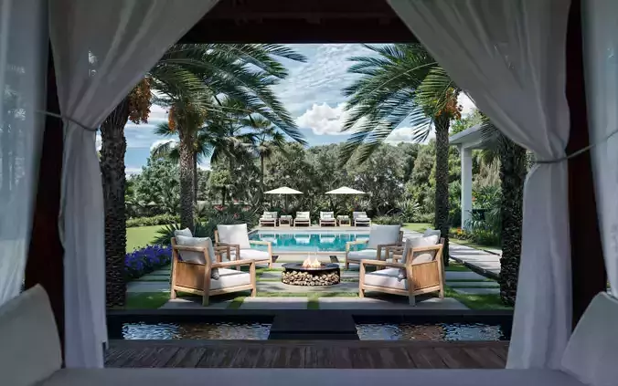 Tropical Backyard Exterior Scene 3D model 5