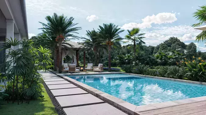 Tropical Backyard Exterior Scene 3D model 4