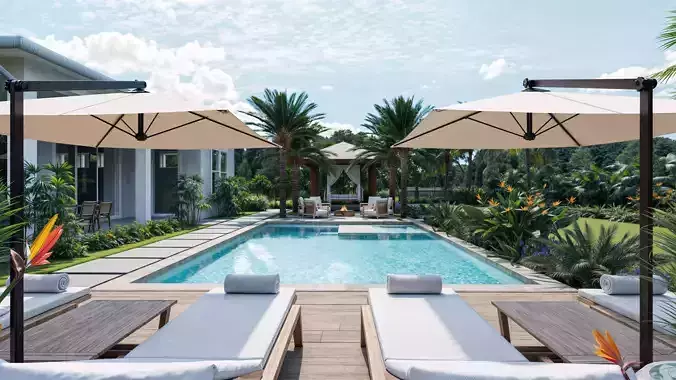 Tropical Backyard Exterior Scene 3D model 3