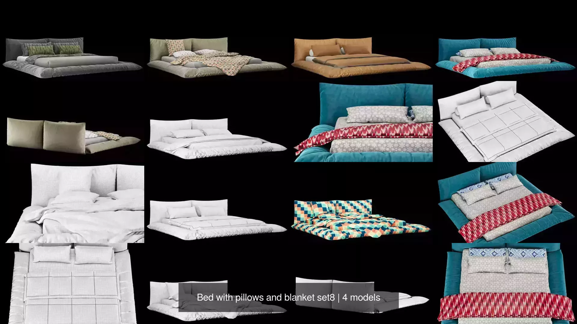 Bed with pillows and blanket set8 3D Model Collection_1
