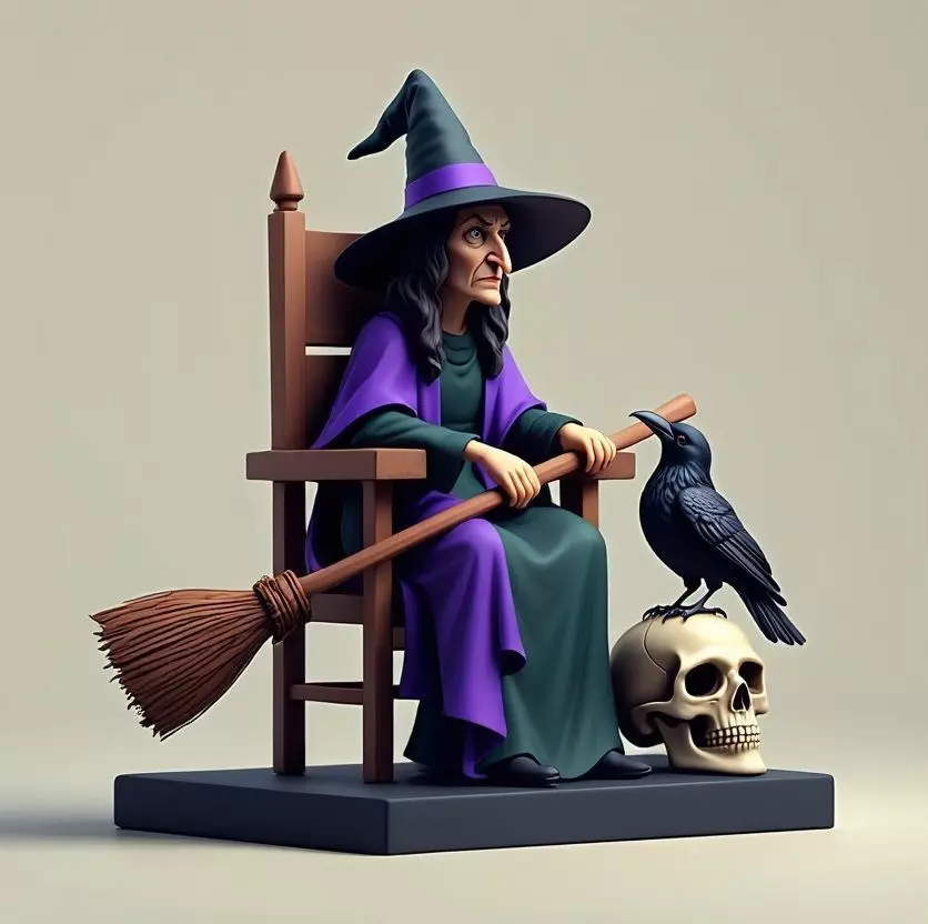 2875Witch with Broom Raven Skull Color Full Body Figurine 3D print model_6