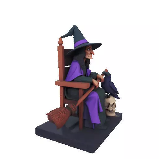 2875Witch with Broom Raven Skull Color Full Body Figurine 3D print model_16