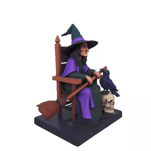 2875Witch with Broom Raven Skull Color Full Body Figurine 3D print model_15