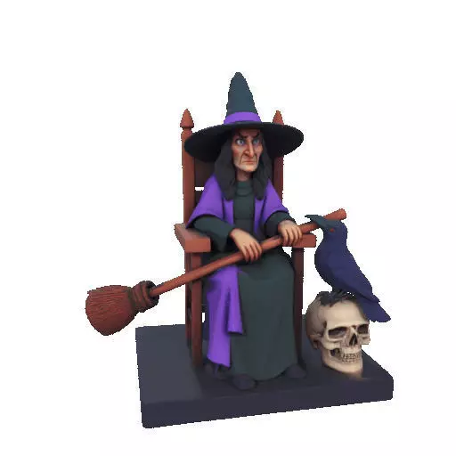 2875Witch with Broom Raven Skull Color Full Body Figurine 3D print model_12