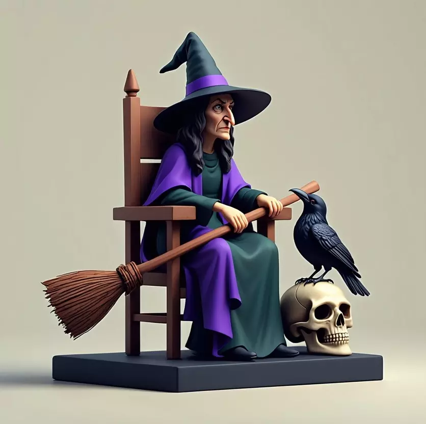 2875Witch with Broom Raven Skull Color Full Body Figurine 3D print model_7