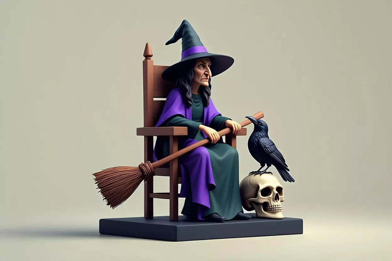 2875Witch with Broom Raven Skull Color Full Body Figurine 3D print model_4