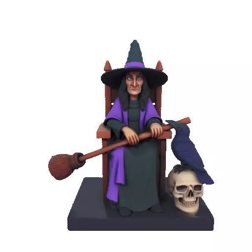 2875Witch with Broom Raven Skull Color Full Body Figurine 3D print model_11