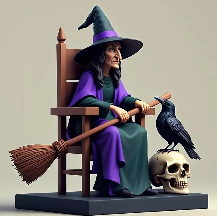 2875Witch with Broom Raven Skull Color Full Body Figurine 3D print model_1