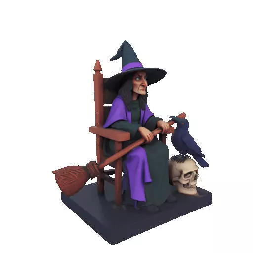 2875Witch with Broom Raven Skull Color Full Body Figurine 3D print model_14