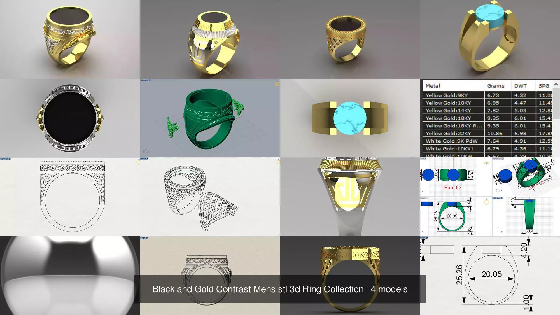 Black and Gold Contrast Mens stl 3d Ring Collection _0