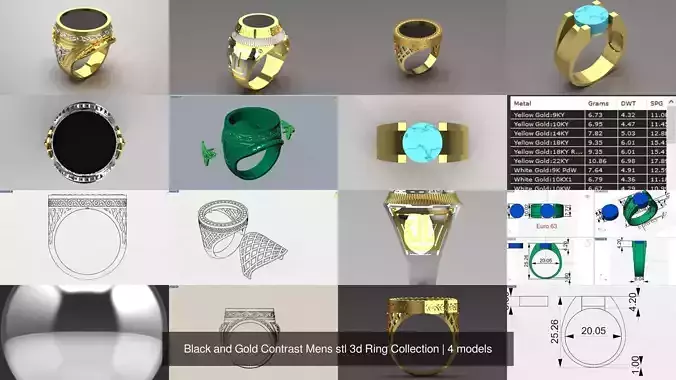 Black and Gold Contrast Mens stl 3d Ring Collection