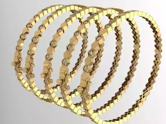 Hexagon Diamond Gold Bangle Set 5 Sizes 