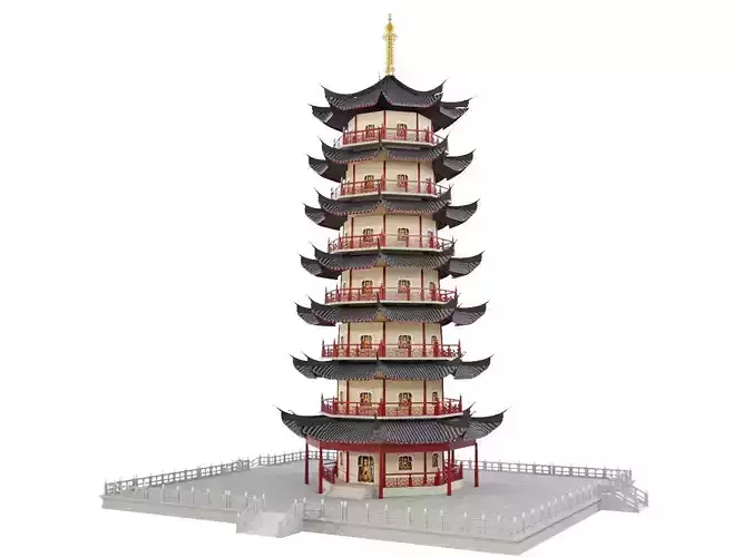 Ancient Japan Pagoda Tower with Stone Platform