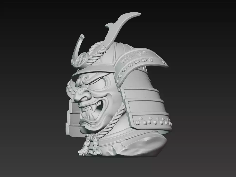 Samurai Oni Mask Bust - Ancient Warrior Helmet Sculpture 3D 3D print model_4