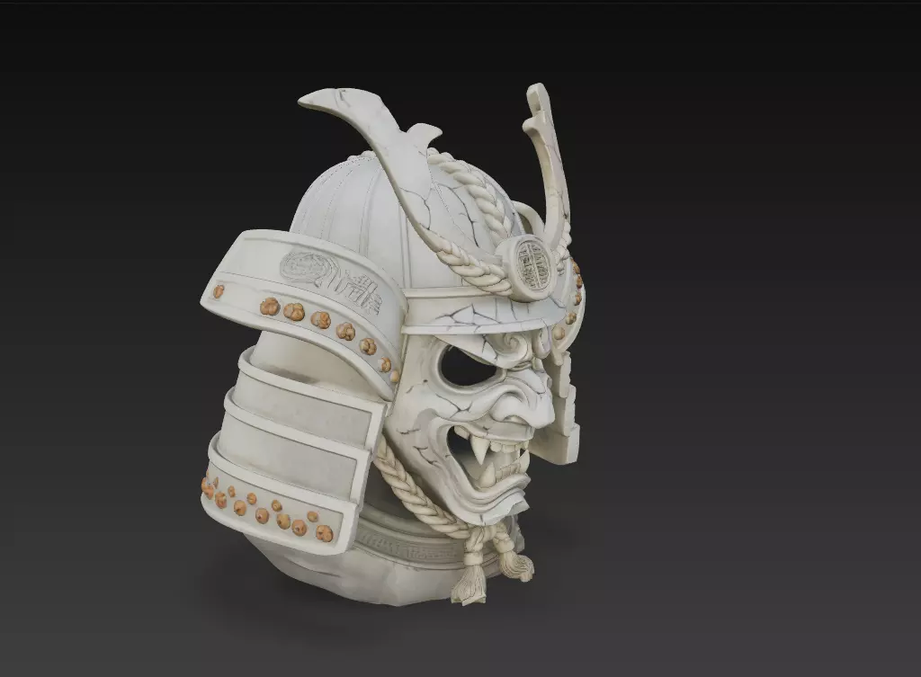 Samurai Oni Mask Bust - Ancient Warrior Helmet Sculpture 3D 3D print model_9