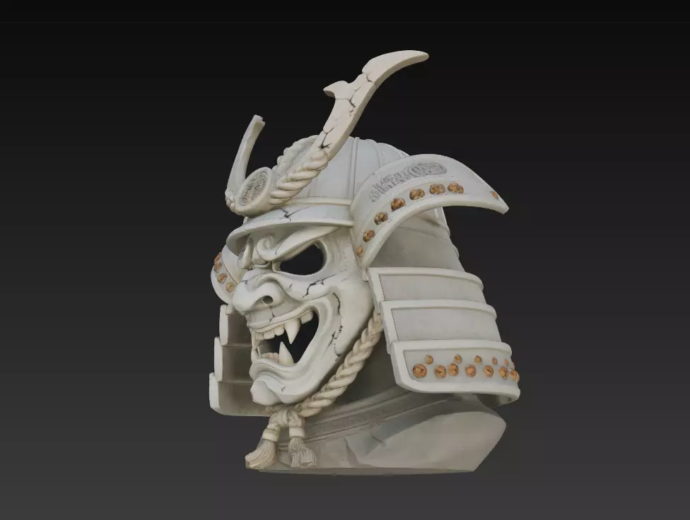 Samurai Oni Mask Bust - Ancient Warrior Helmet Sculpture 3D 3D print model_3