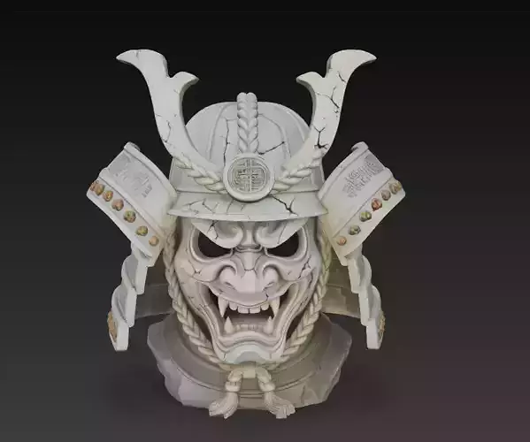 Samurai Oni Mask Bust - Ancient Warrior Helmet Sculpture 3D