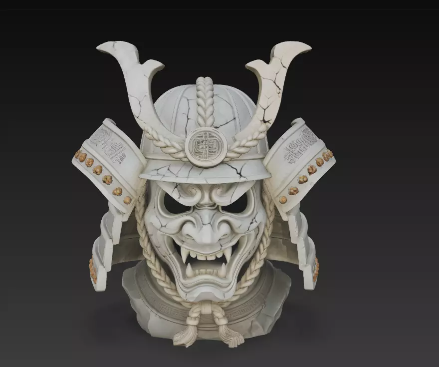 Samurai Oni Mask Bust - Ancient Warrior Helmet Sculpture 3D 3D print model_0