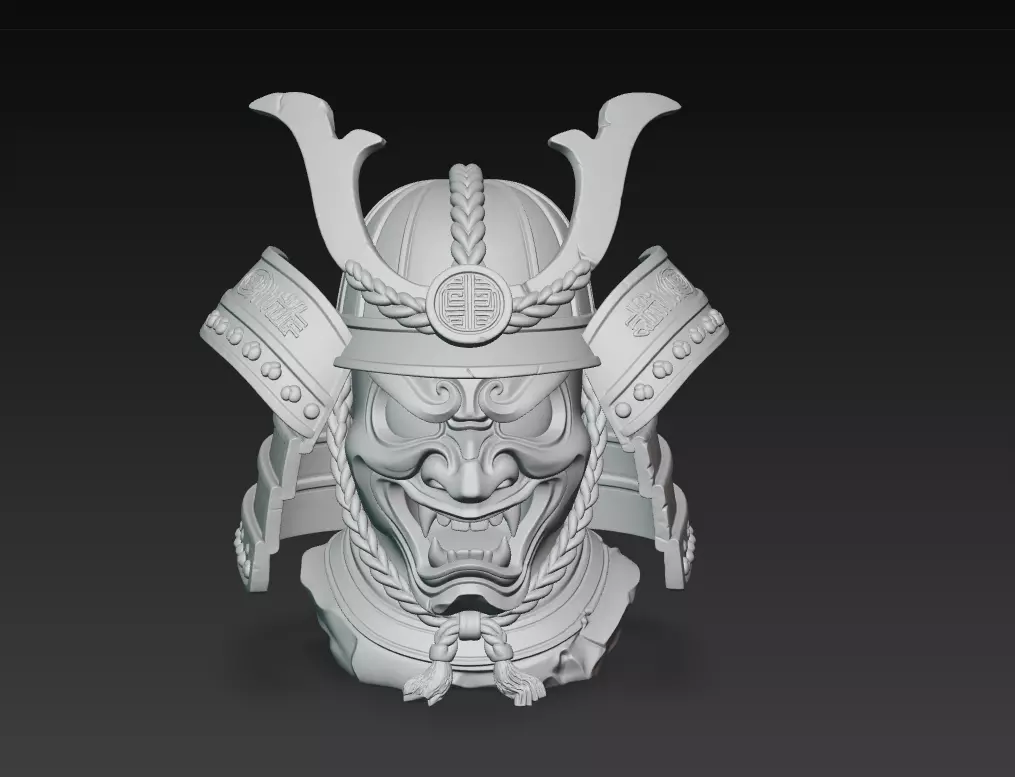 Samurai Oni Mask Bust - Ancient Warrior Helmet Sculpture 3D 3D print model_2