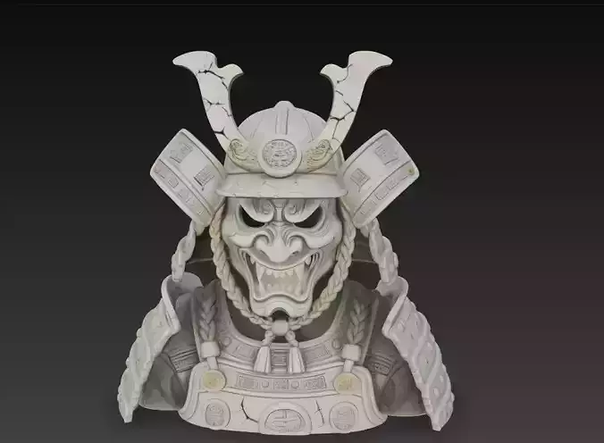 Samurai Oni Skull Helmet - Demon Warrior Bust 3D Model