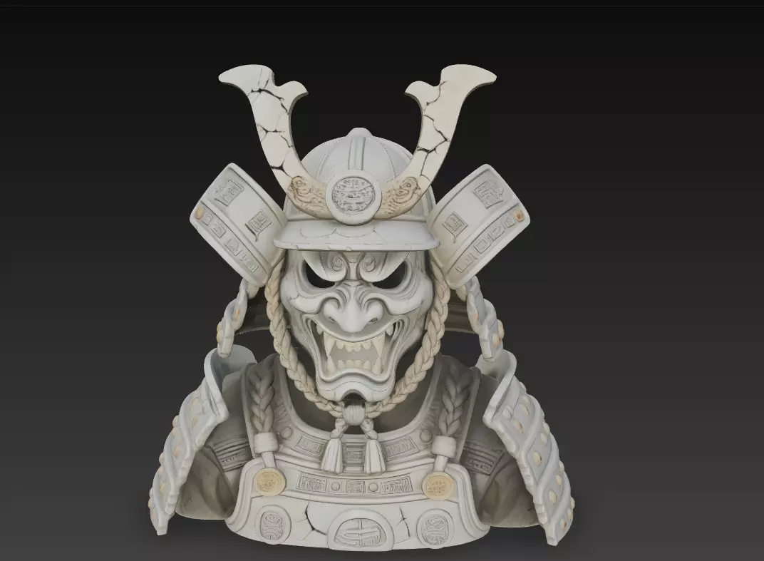 Samurai Oni Skull Helmet - Demon Warrior Bust 3D Model 3D print model_0