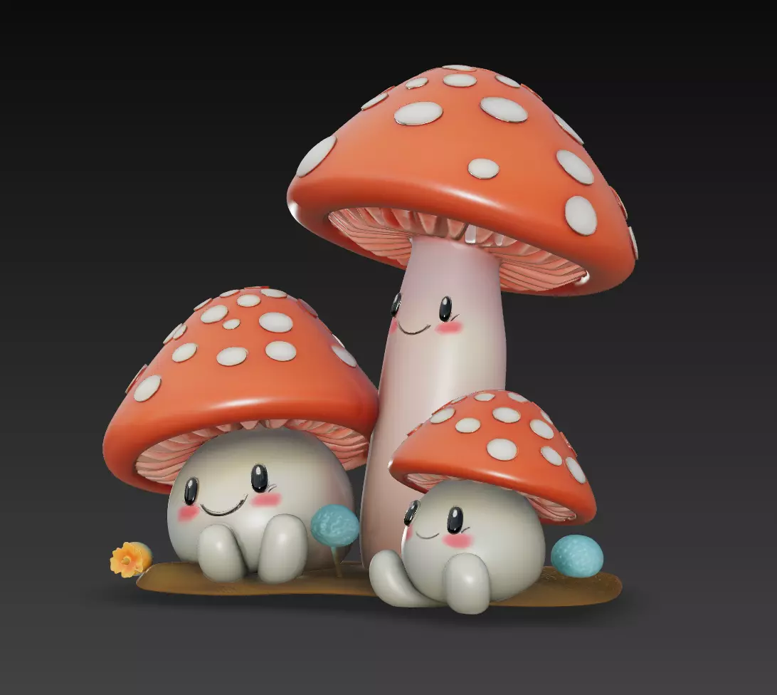 Cute Mushroom Family - Stylized Cartoon Toadstool Trio 3D Model 3D print model_6