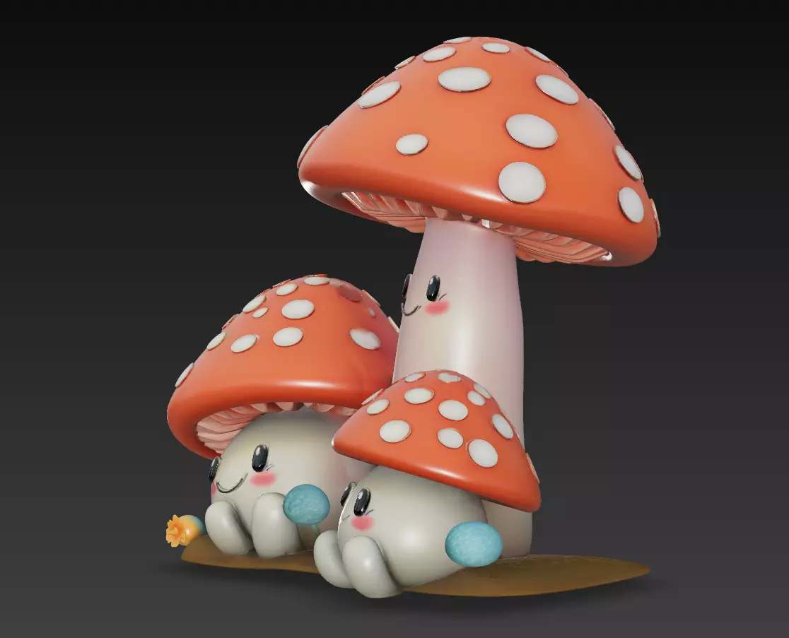 Cute Mushroom Family - Stylized Cartoon Toadstool Trio 3D Model 3D print model_2
