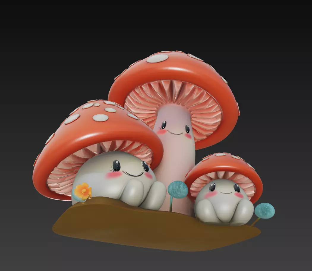 Cute Mushroom Family - Stylized Cartoon Toadstool Trio 3D Model 3D print model_4