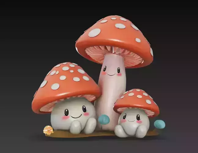 Cute Mushroom Family - Stylized Cartoon Toadstool Trio 3D Model