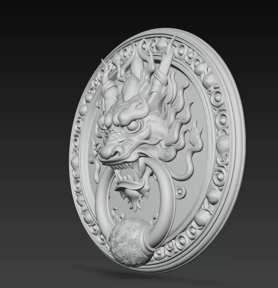 Ancient Dragon Medallion - Ornamental Door Ring Relief 3D Model 3D print model_3
