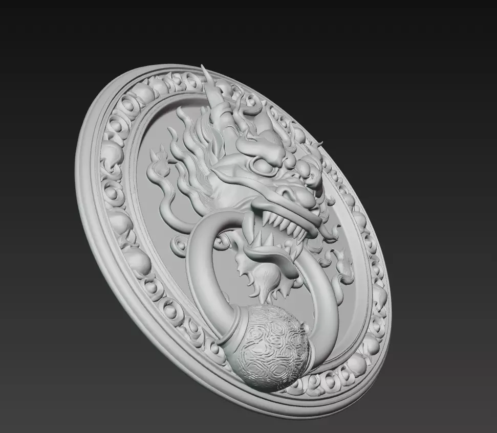 Ancient Dragon Medallion - Ornamental Door Ring Relief 3D Model 3D print model_7