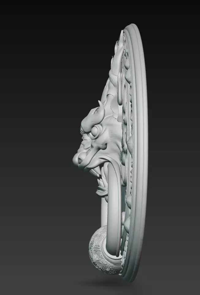 Ancient Dragon Medallion - Ornamental Door Ring Relief 3D Model 3D print model_5