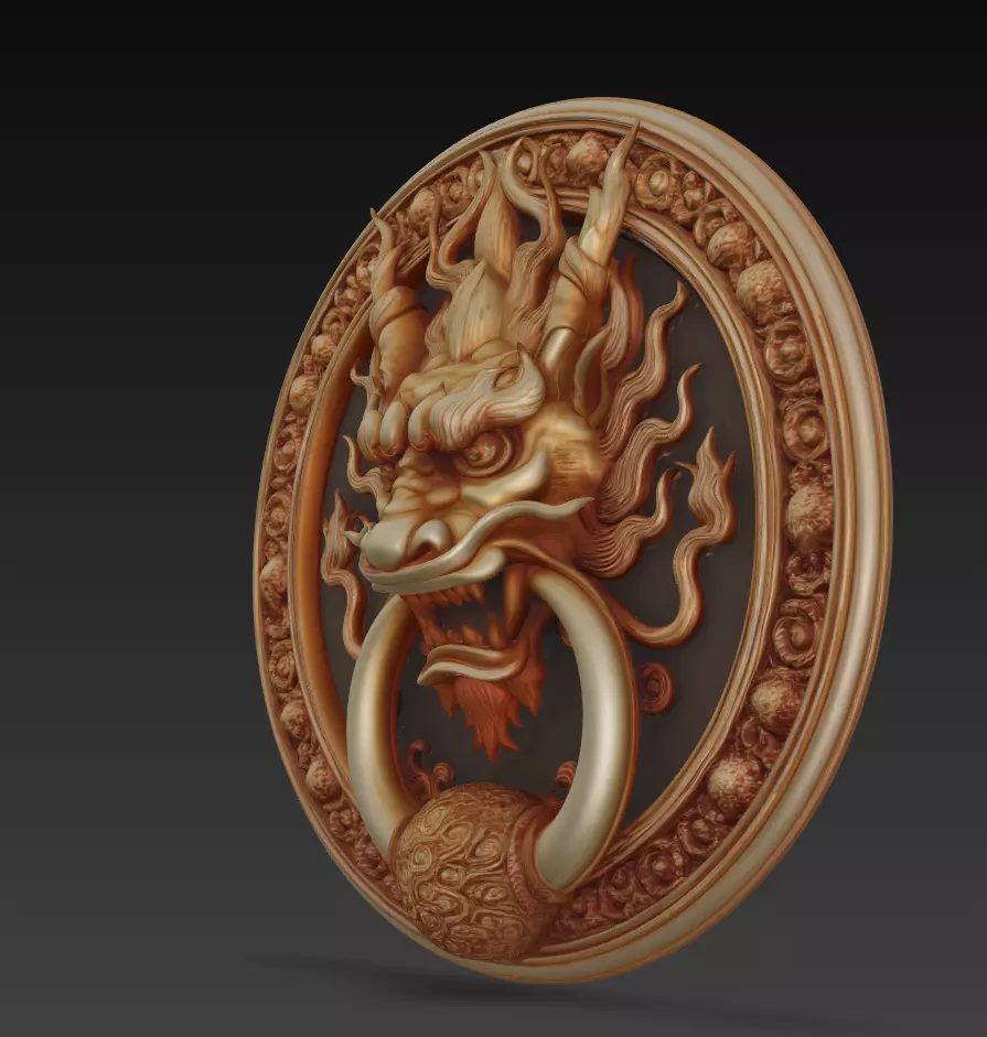 Ancient Dragon Medallion - Ornamental Door Ring Relief 3D Model 3D print model_2
