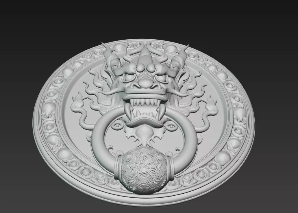 Ancient Dragon Medallion - Ornamental Door Ring Relief 3D Model 3D print model_8