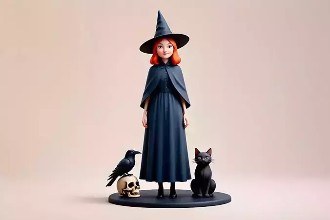 2885  Black Witch with Cat  and Raven  COLOR 3D Figurine